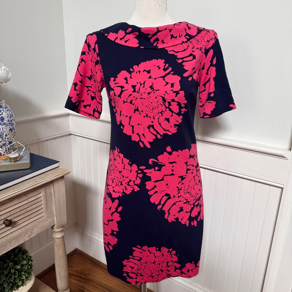 Trina Turk Navy Pink Floral Cowl Neck Sheath Dress Womens 2